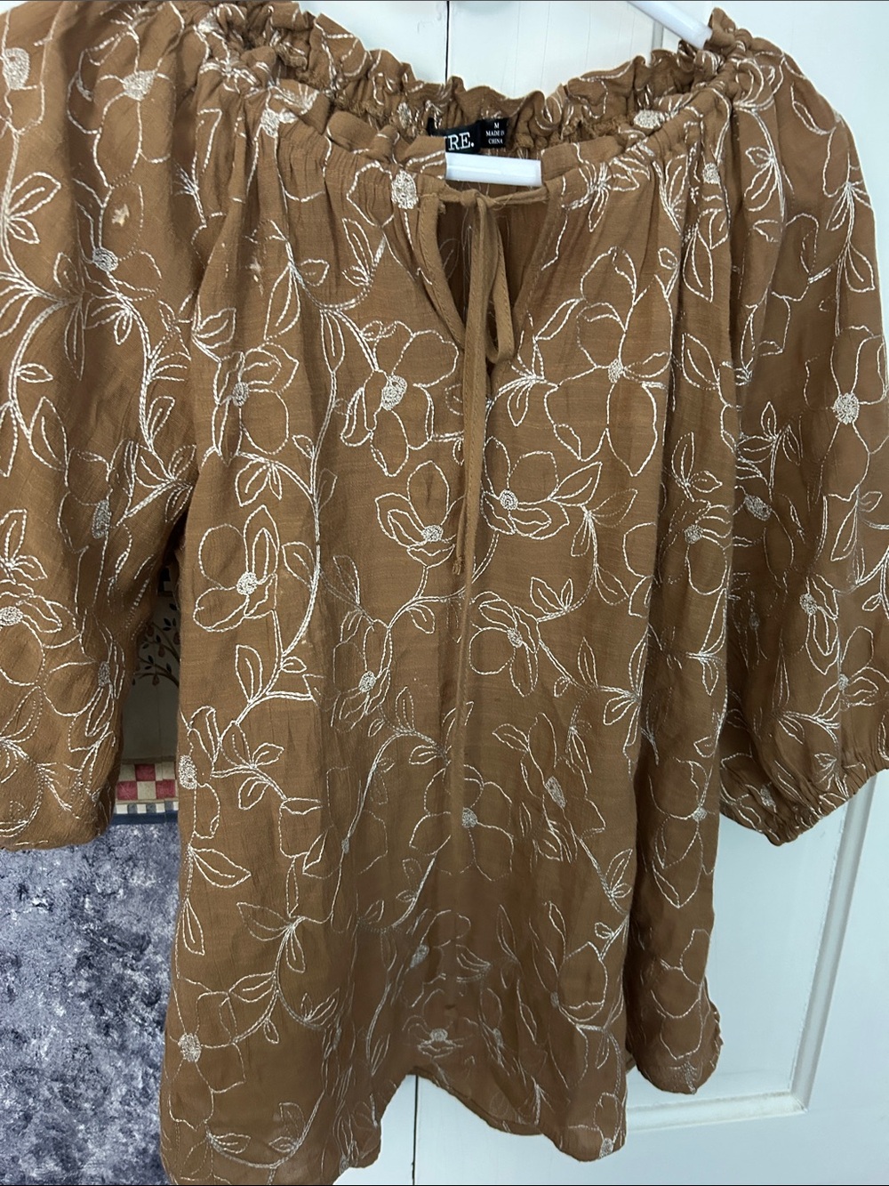 Embroidered Tan Off-Shoulder Floral Blouse with Tie